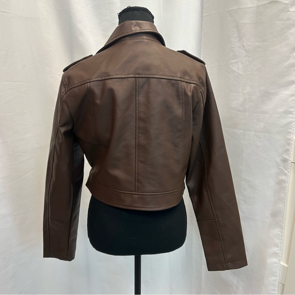 New Look dark chocolate Brown faux Leather Biker moto Jacket Sz L - Picture 6 of 13